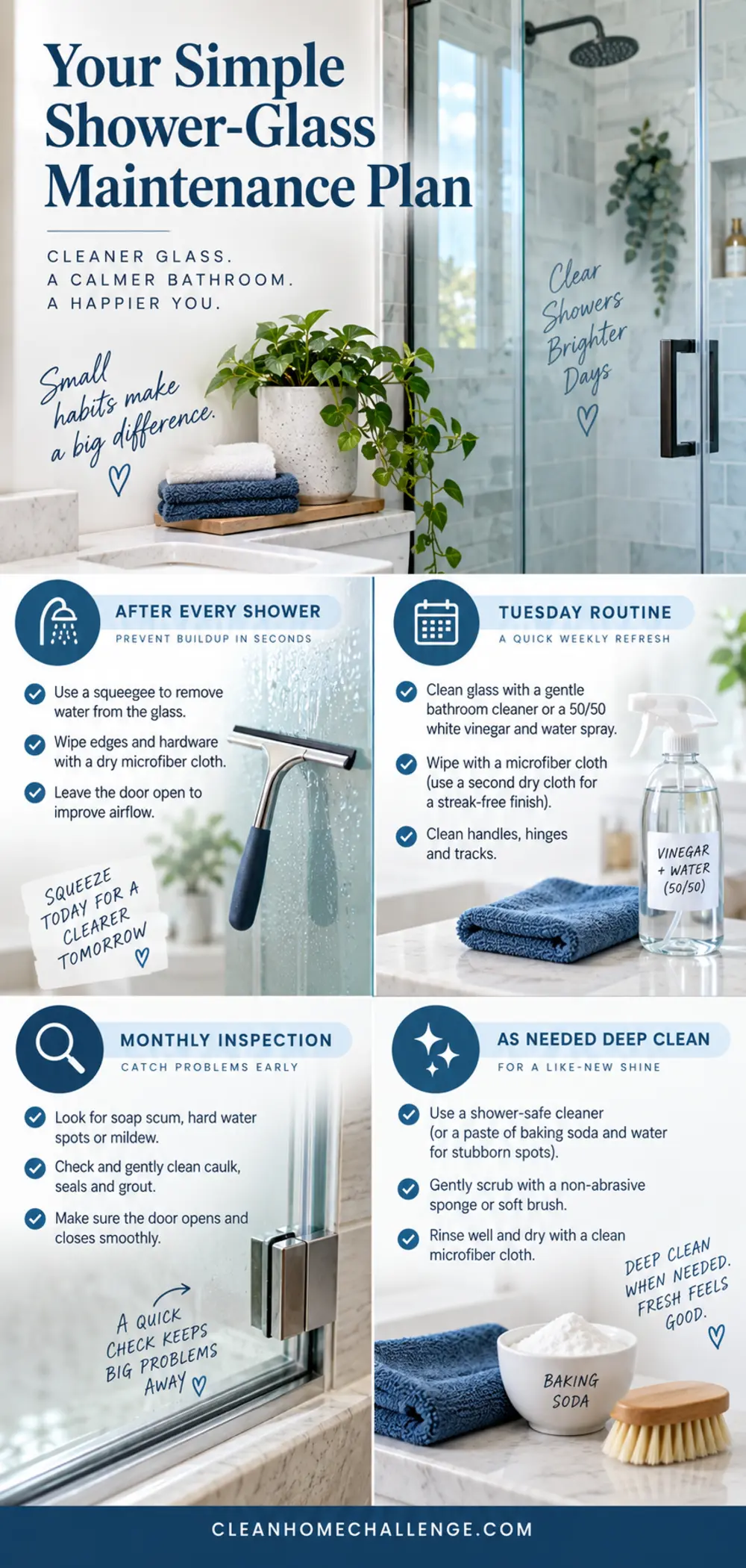 Shower-glass maintenance planner with after-shower, Tuesday, monthly and as-needed tasks.