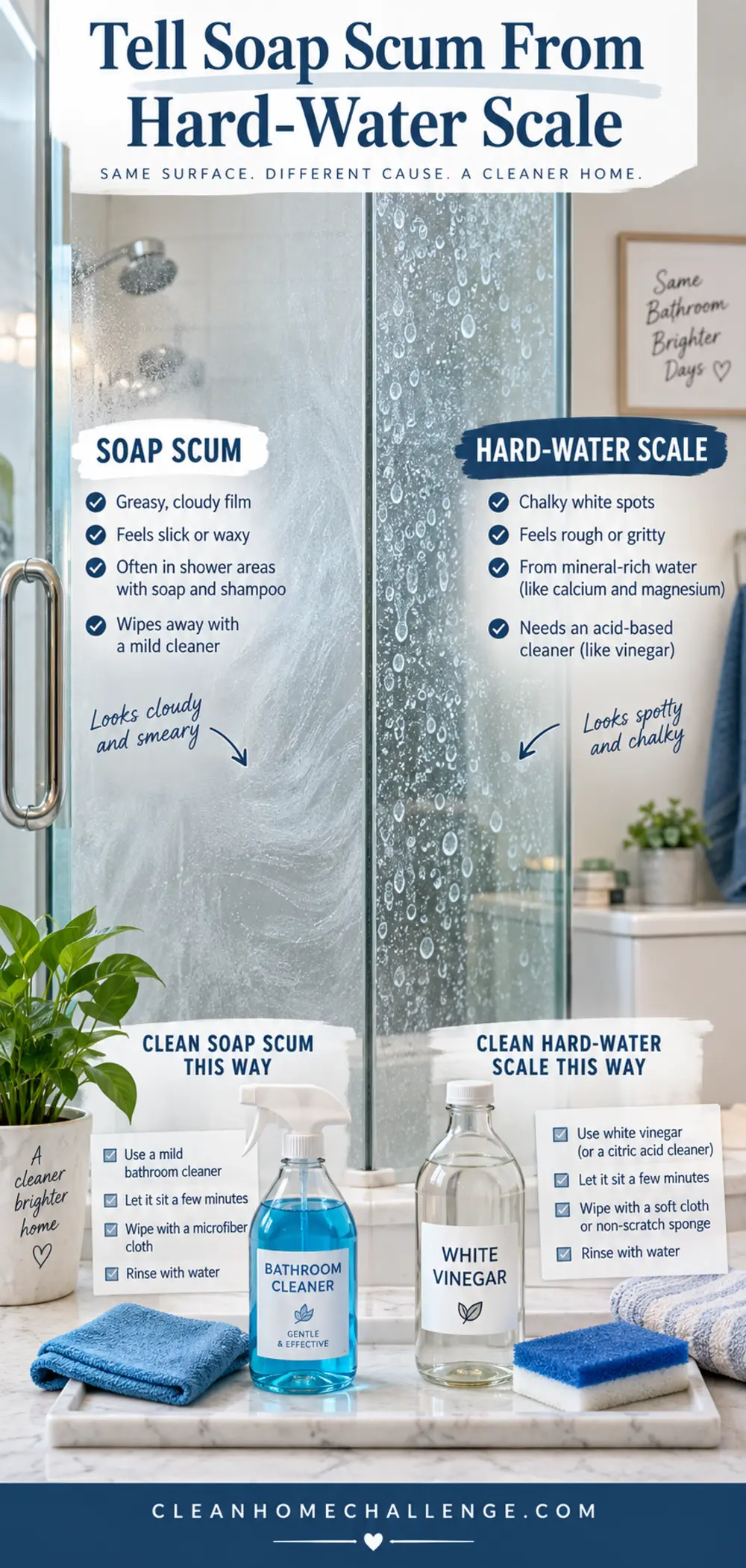 Side-by-side shower glass comparison showing greasy soap film and chalky hard-water spots.