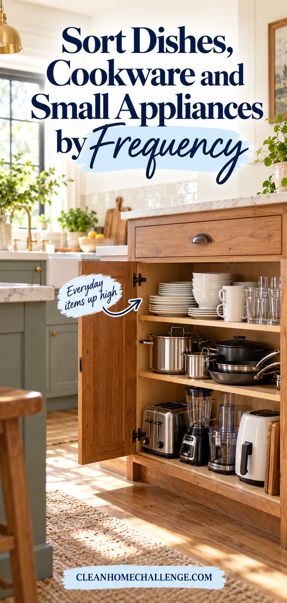 Open cabinet with everyday dishes at easy reach and occasional cookware stored above.