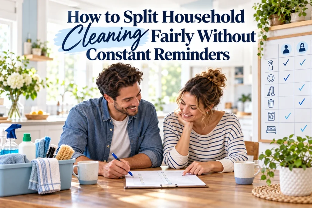 Diverse couple dividing household cleaning tasks fairly at a bright kitchen table