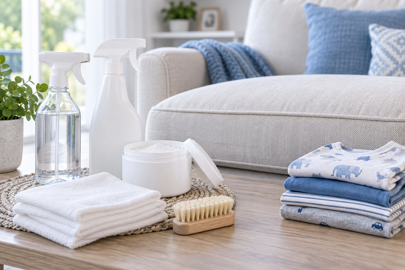 Stain-removal supplies beside clean upholstery and folded children’s clothing