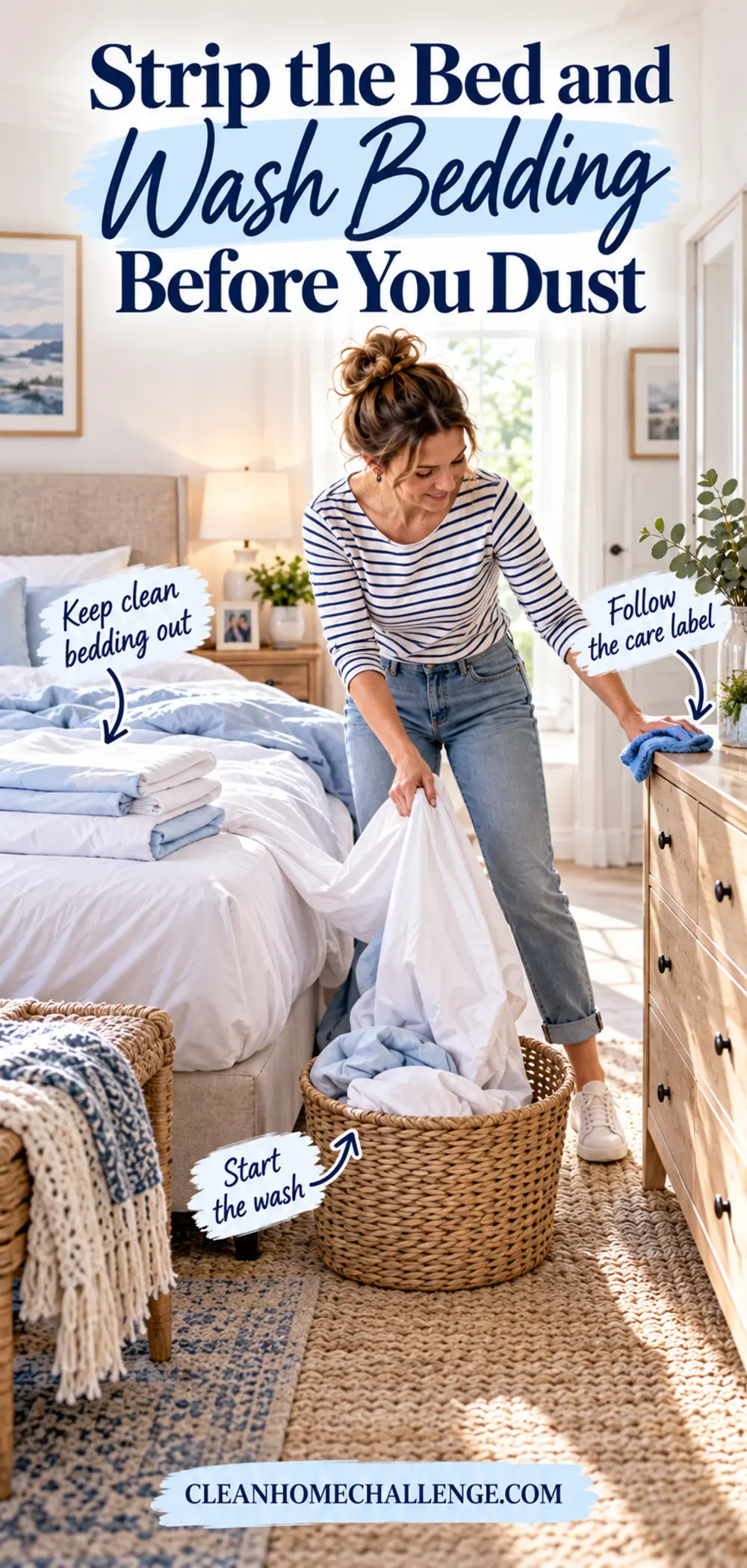 Mum removing bedding with a reminder to strip the bed, start the wash and keep clean bedding outside the dusty room.