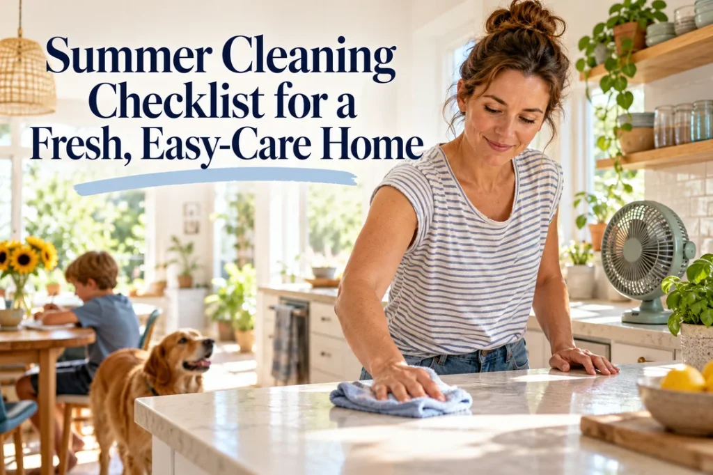 Parent wiping a kitchen counter in a sunlit summer family home