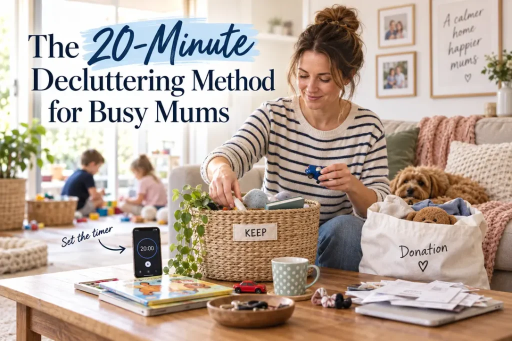A busy mum sorts one small coffee-table clutter zone while a 20-minute timer runs.