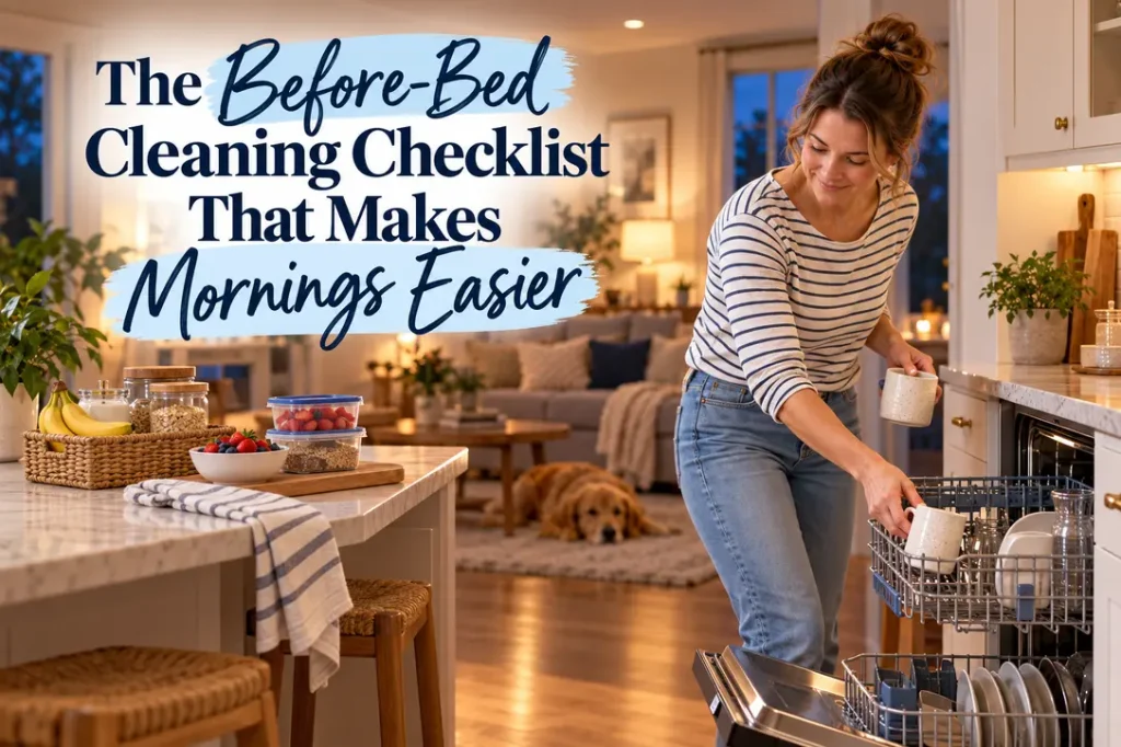 Woman loading a dishwasher during a warm evening kitchen reset for an easier morning