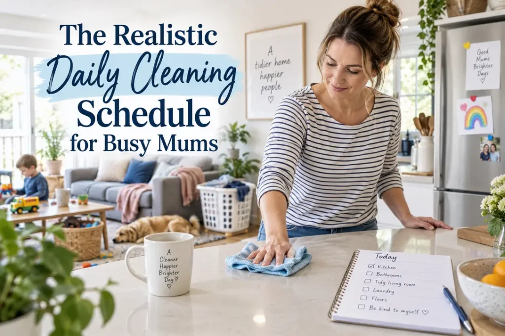 Busy mum wiping a kitchen counter in a lived-in family home beside a daily cleaning checklist.
