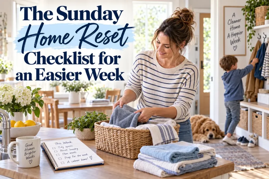 A busy mum folding laundry during a light Sunday home reset while a child prepares the entryway.