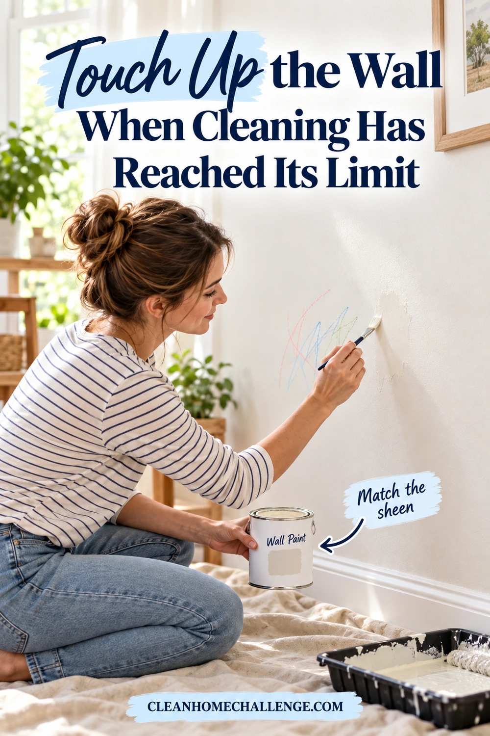A parent touches up a faint wall mark with a small brush and matching paint.