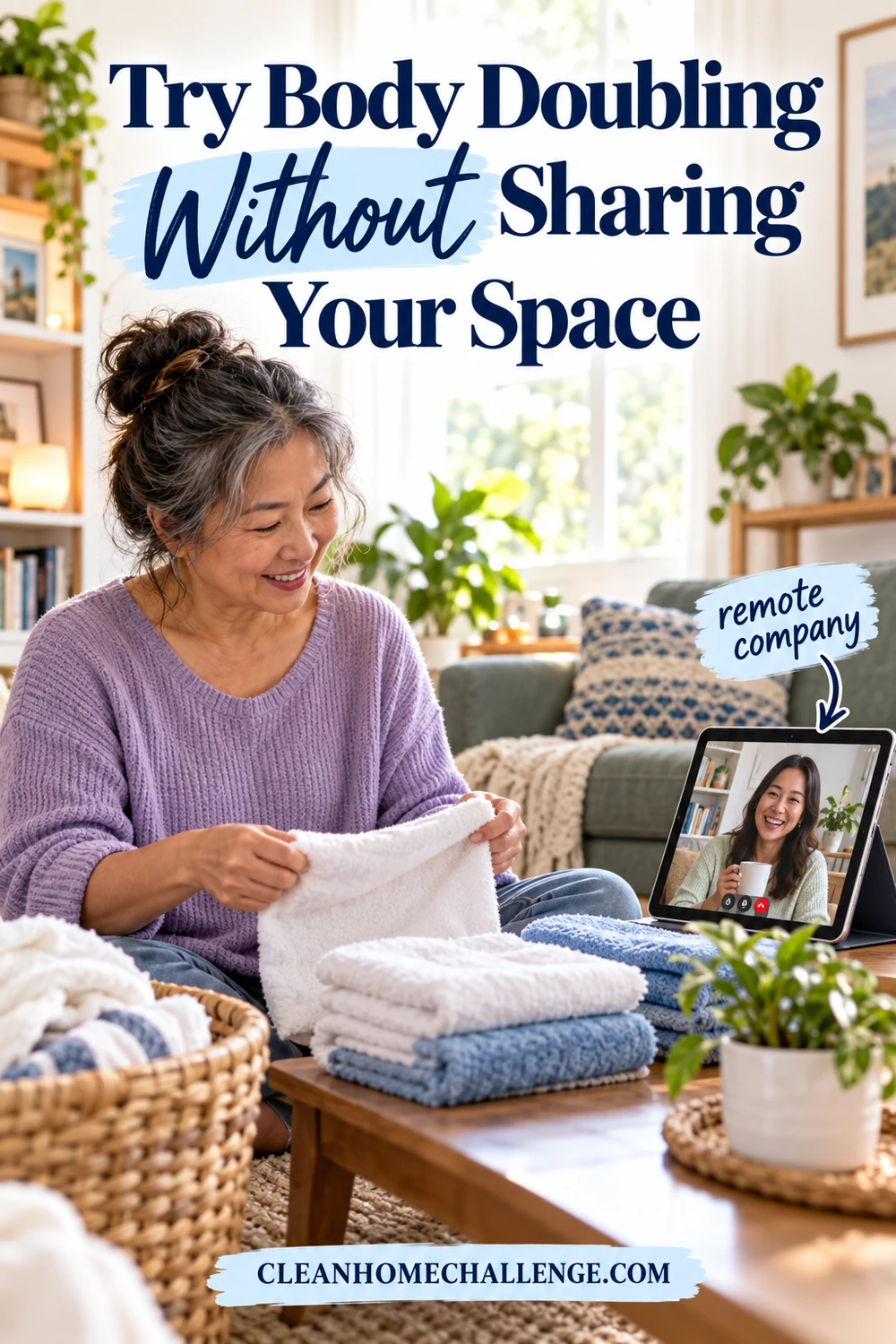An older woman folds towels while a friend joins by video on a tablet.