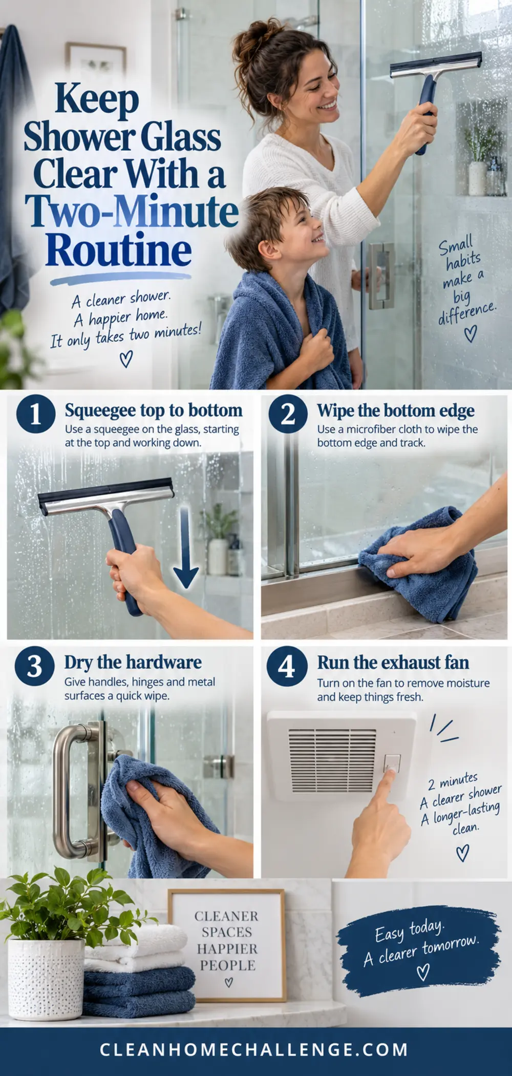 Parent and child following a four-step shower-glass squeegee and drying routine.