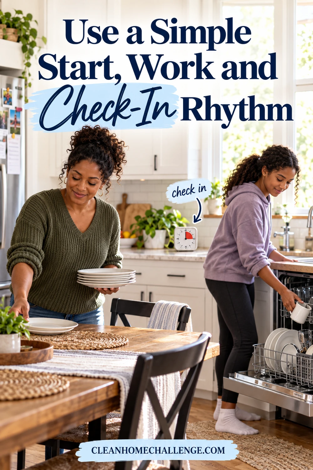 A mother and daughter tackle separate kitchen tasks with a timer between them.