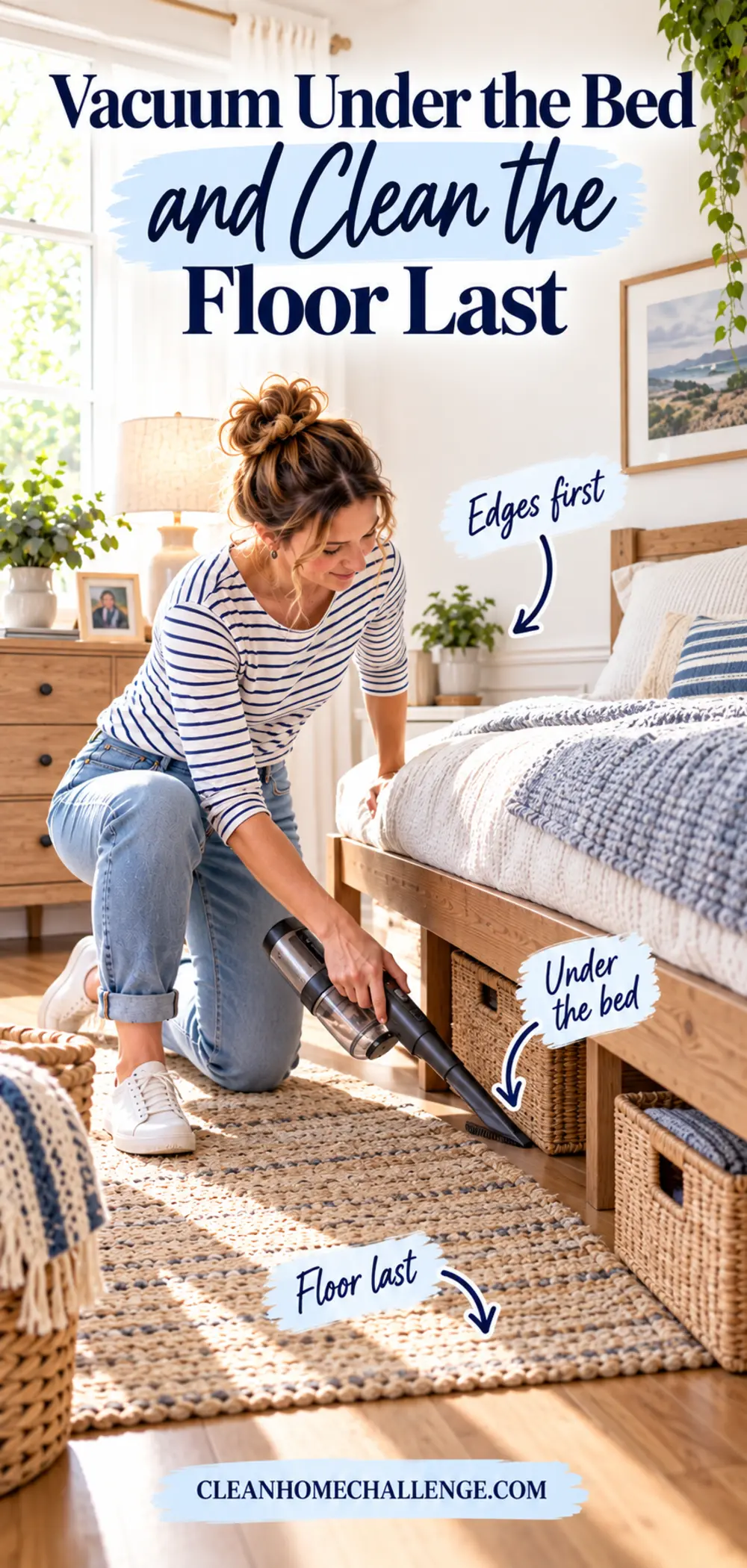 Mum using a vacuum crevice tool under the bed with a reminder to clean edges, under-bed areas and floors last.