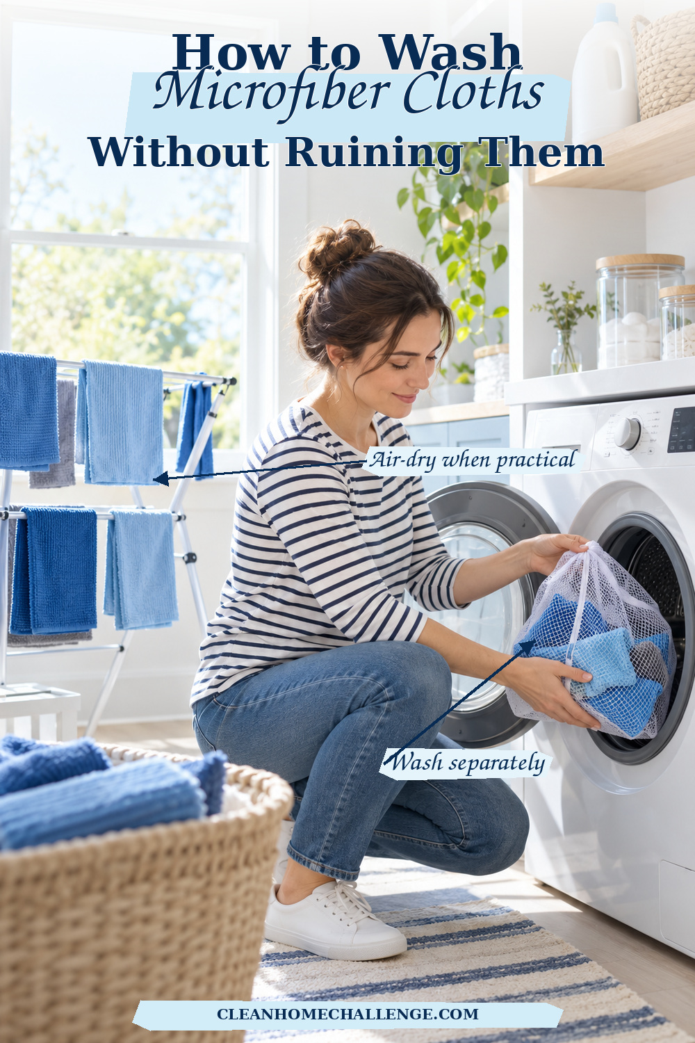 Woman washing microfiber cloths separately and air-drying them on a rack