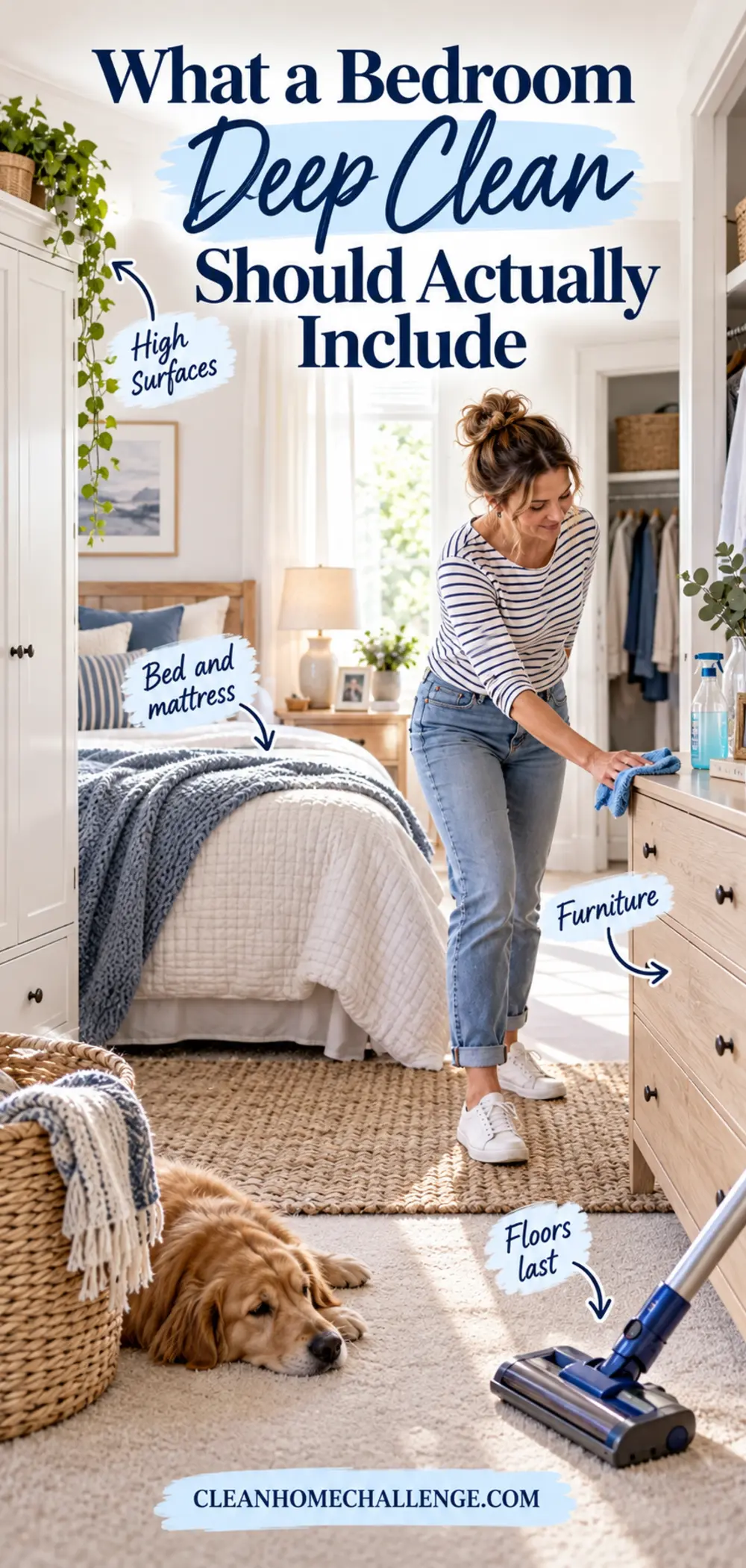 Editorial bedroom graphic showing bedding, furniture, high surfaces and floors included in a deep clean.