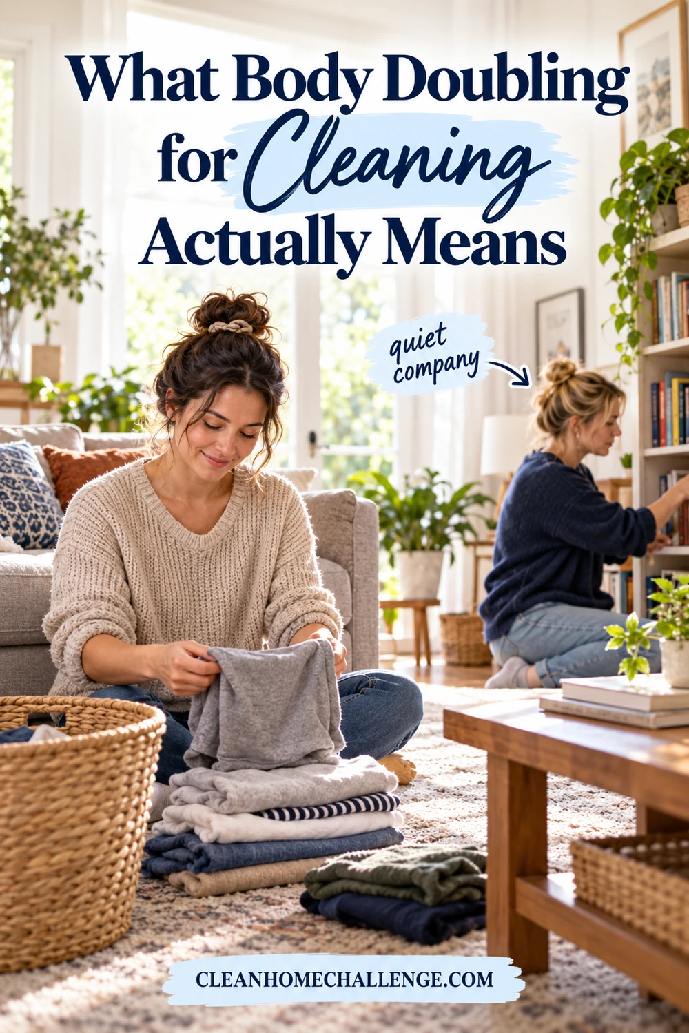 One woman folds laundry while another tidies books nearby in a bright living room.