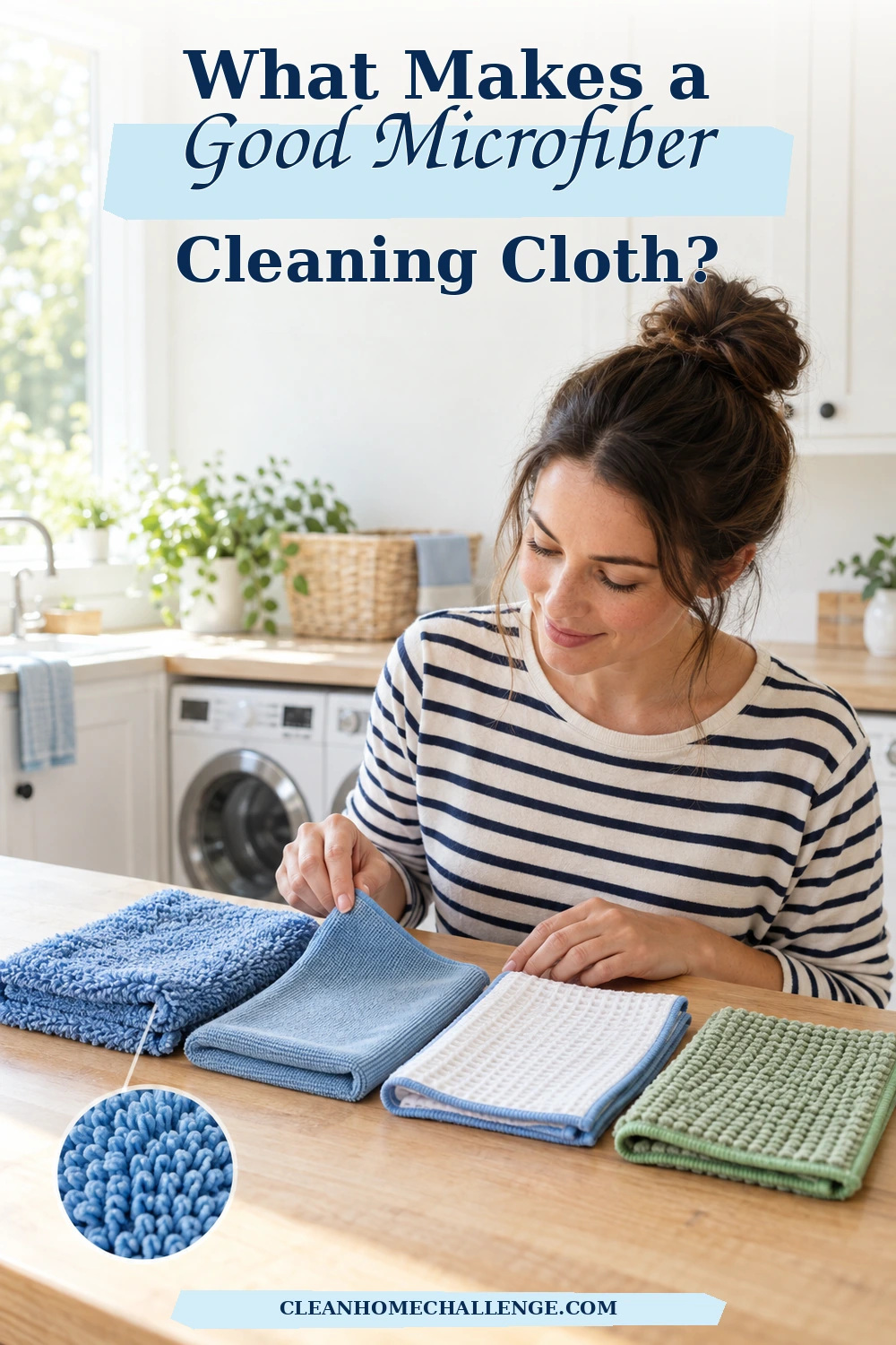 Woman comparing plush, low-pile, waffle-weave and textured microfiber cloths