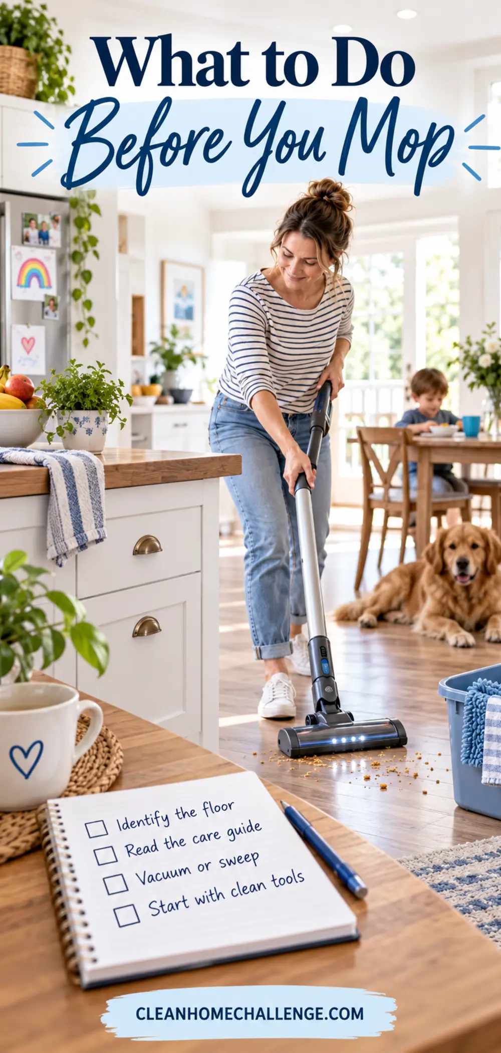 Busy mum vacuuming crumbs and pet hair from a family kitchen floor before mopping.
