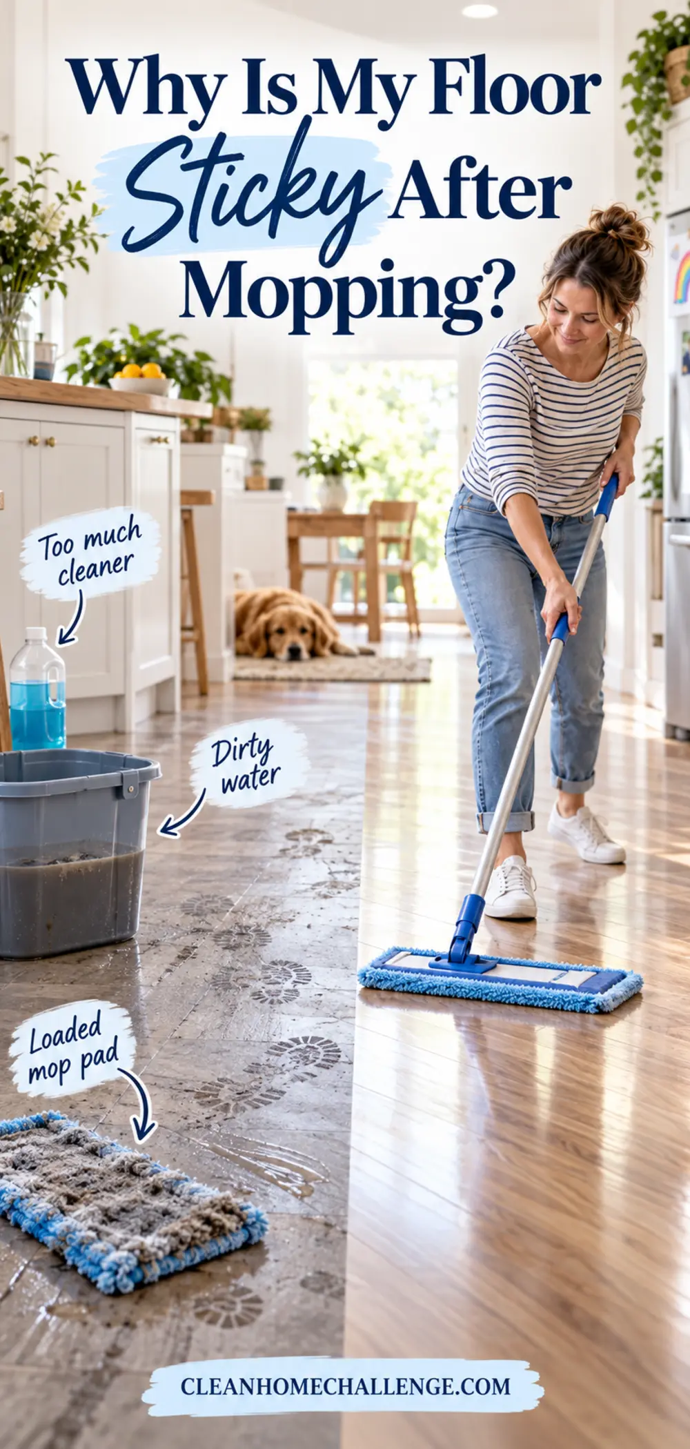 Split view of a streaky floor with footprints beside a clean section and a flat microfiber mop.