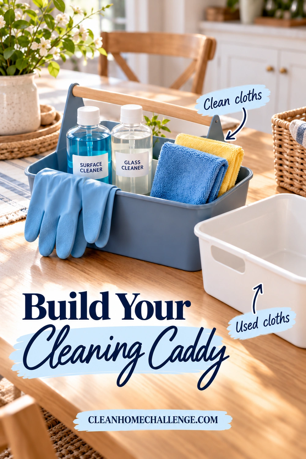 Blue cleaning caddy on a wooden table holds labeled cleaner bottles, gloves, and folded blue and yellow cloths beside a separate white used-cloth tub.