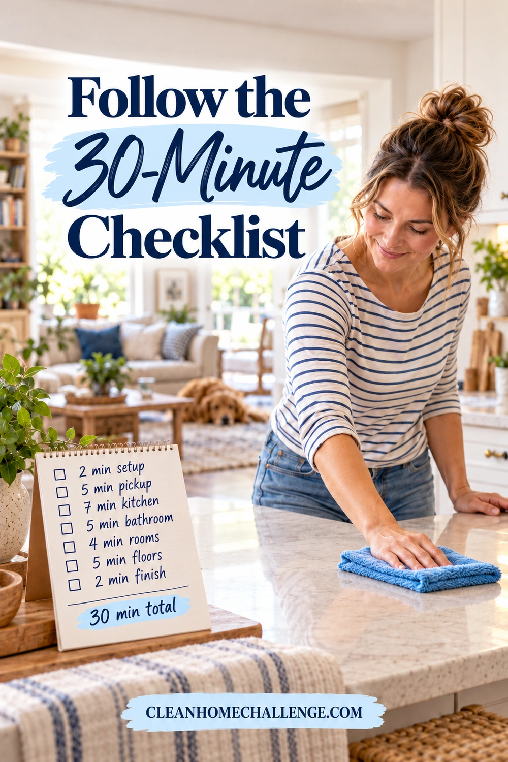 Woman wipes a kitchen counter beside a seven-stage cleaning checklist with minute allocations totaling 30 minutes.