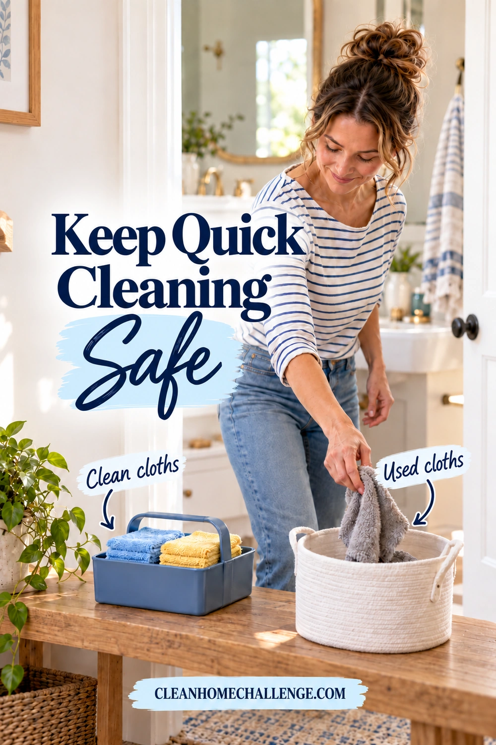 Woman places a gray used cloth in a white basket at a bathroom doorway while clean blue and yellow cloths stay separate in a blue caddy.