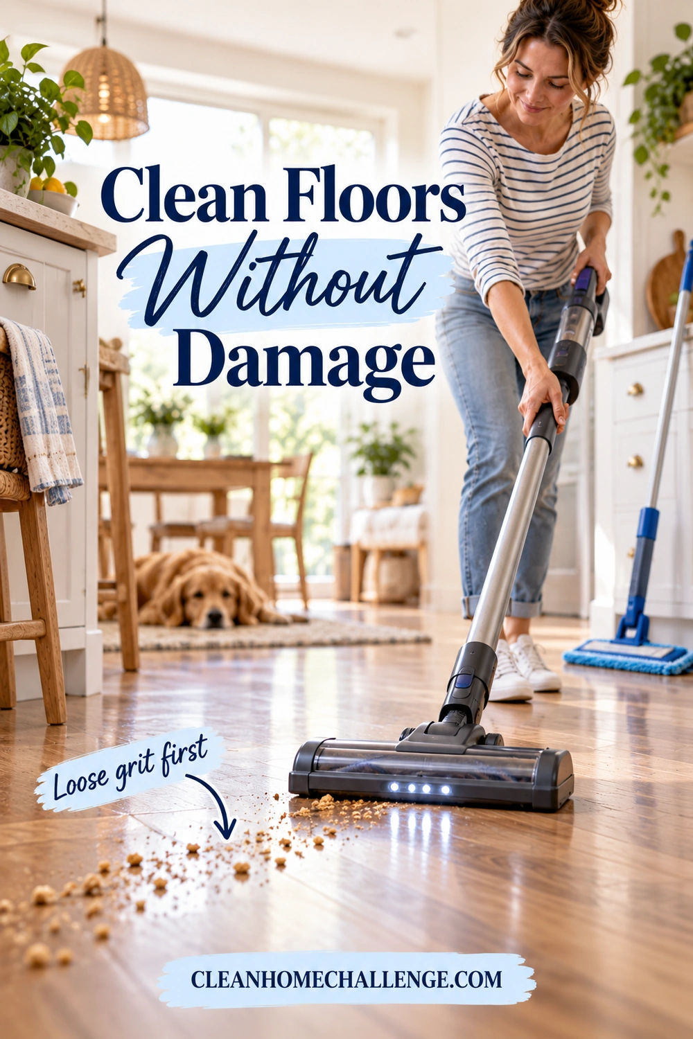 Low-angle view of a vacuum collecting dry crumbs on a kitchen floor, with a blue flat mop resting nearby and a dog beyond the walking path.