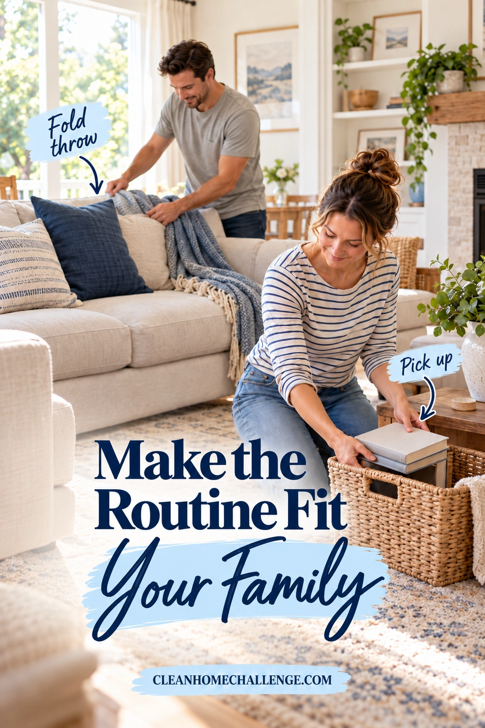 Woman gathers books into a wicker basket while a man folds a throw over the sofa during a shared living-room reset.