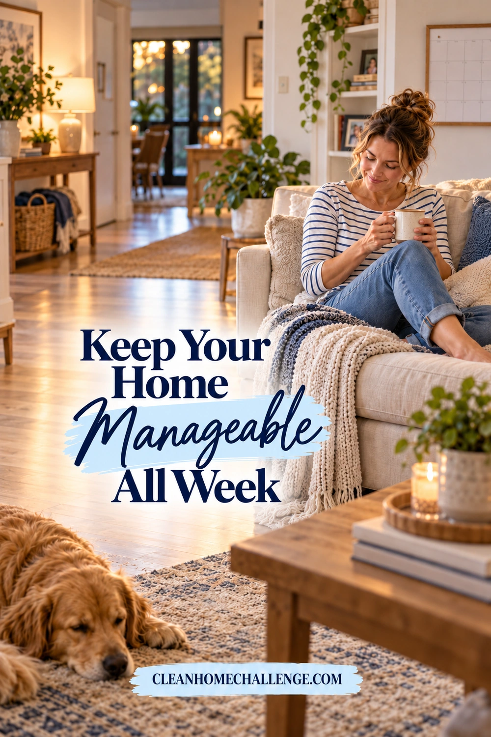Woman rests on a sofa with a mug in a comfortably tidied family room, with a dog on the rug and a clear path behind her.