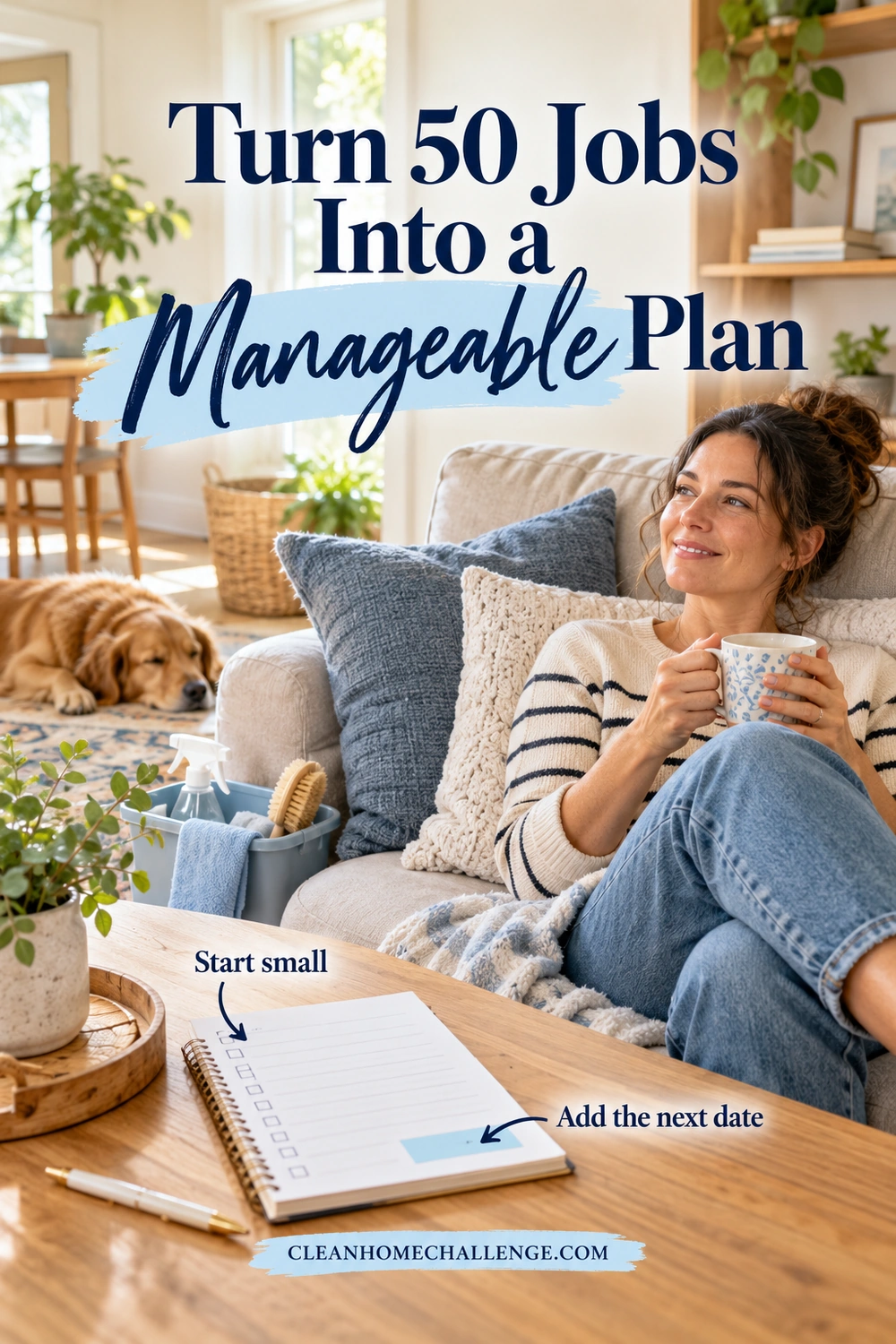 A woman sits on a sofa with a mug and planning notebook, with a cleaning caddy nearby.