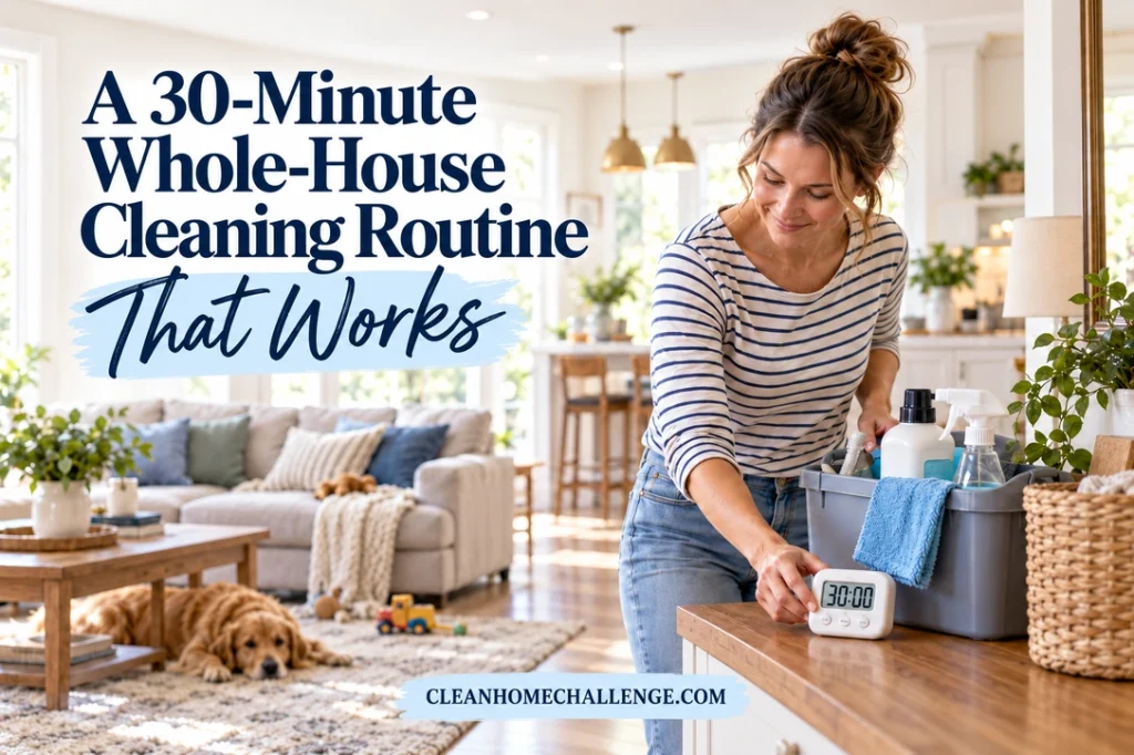 A woman in a striped shirt sets a 30-minute timer beside a cleaning caddy and woven basket in a bright family kitchen and living room, beneath the article title.