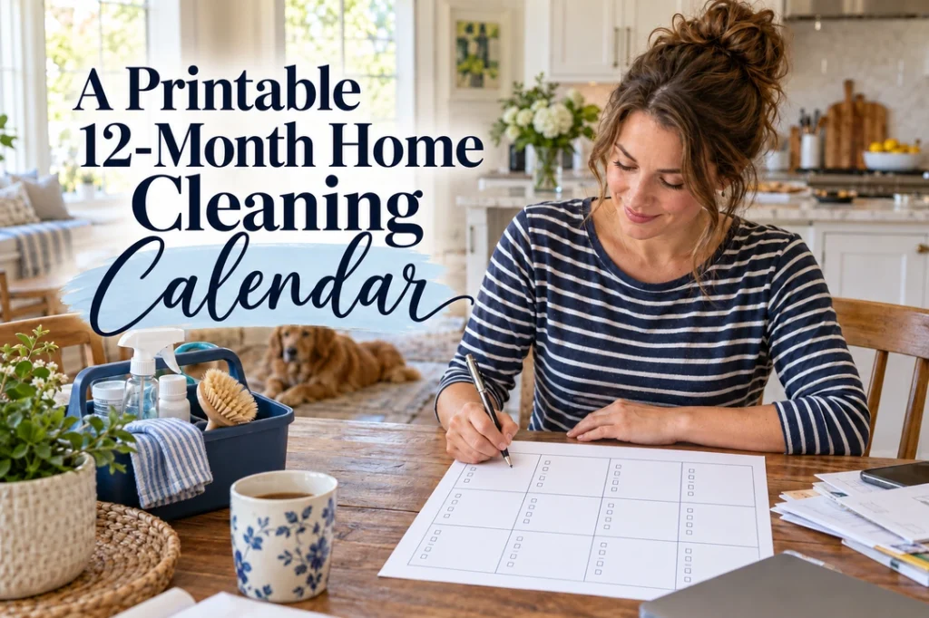 A woman plans household projects at a kitchen table with a blank calendar and cleaning cloths.
