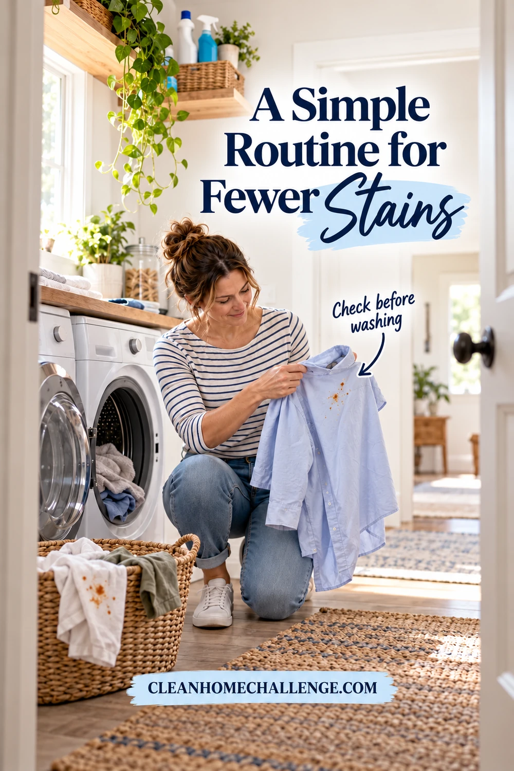 A woman kneels beside an open washer and checks food marks on a light blue shirt, with a separate basket of clothes at her side.