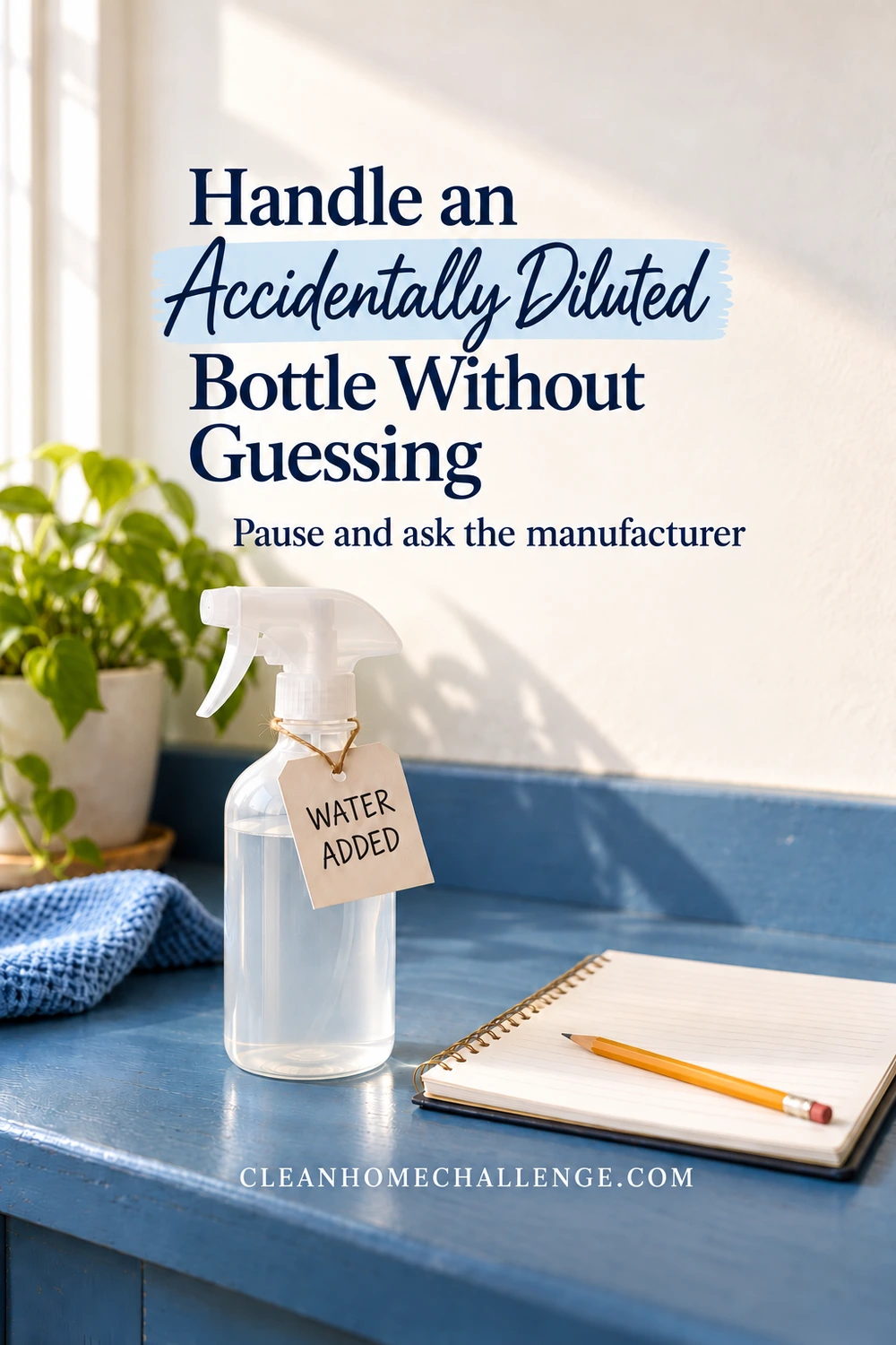 Closed spray bottle with a WATER ADDED note beside a pencil and notebook on a blue utility bench.