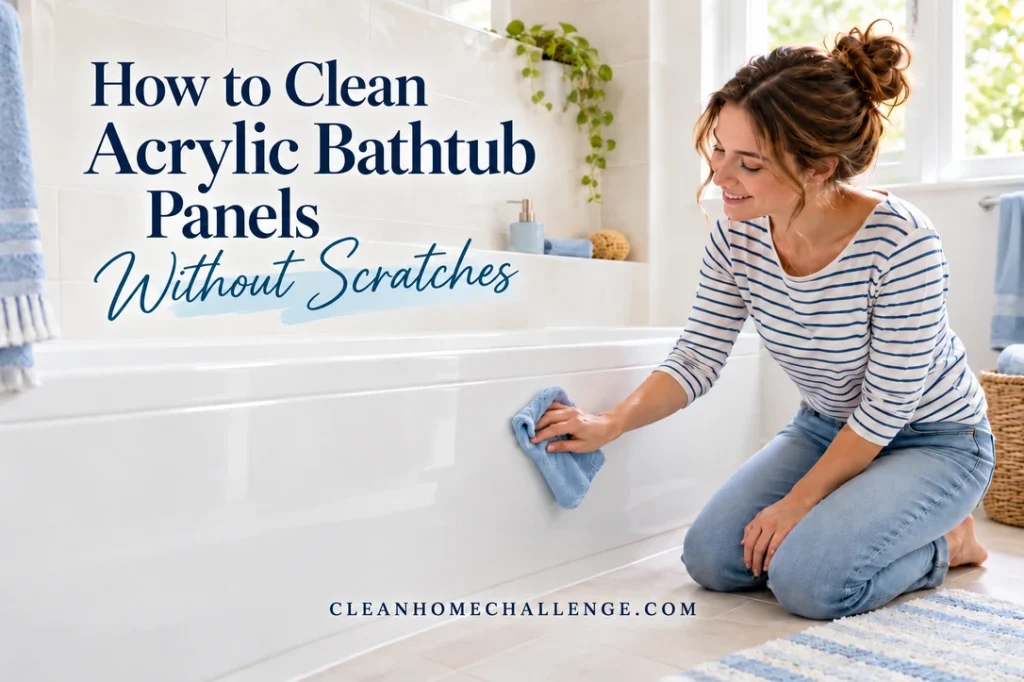 A woman in a striped shirt lightly wipes the exterior white acrylic bathtub panel with a blue cloth.