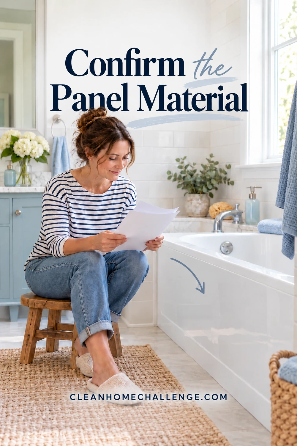 A woman reads care paperwork beside the white acrylic apron of a built-in bathtub.