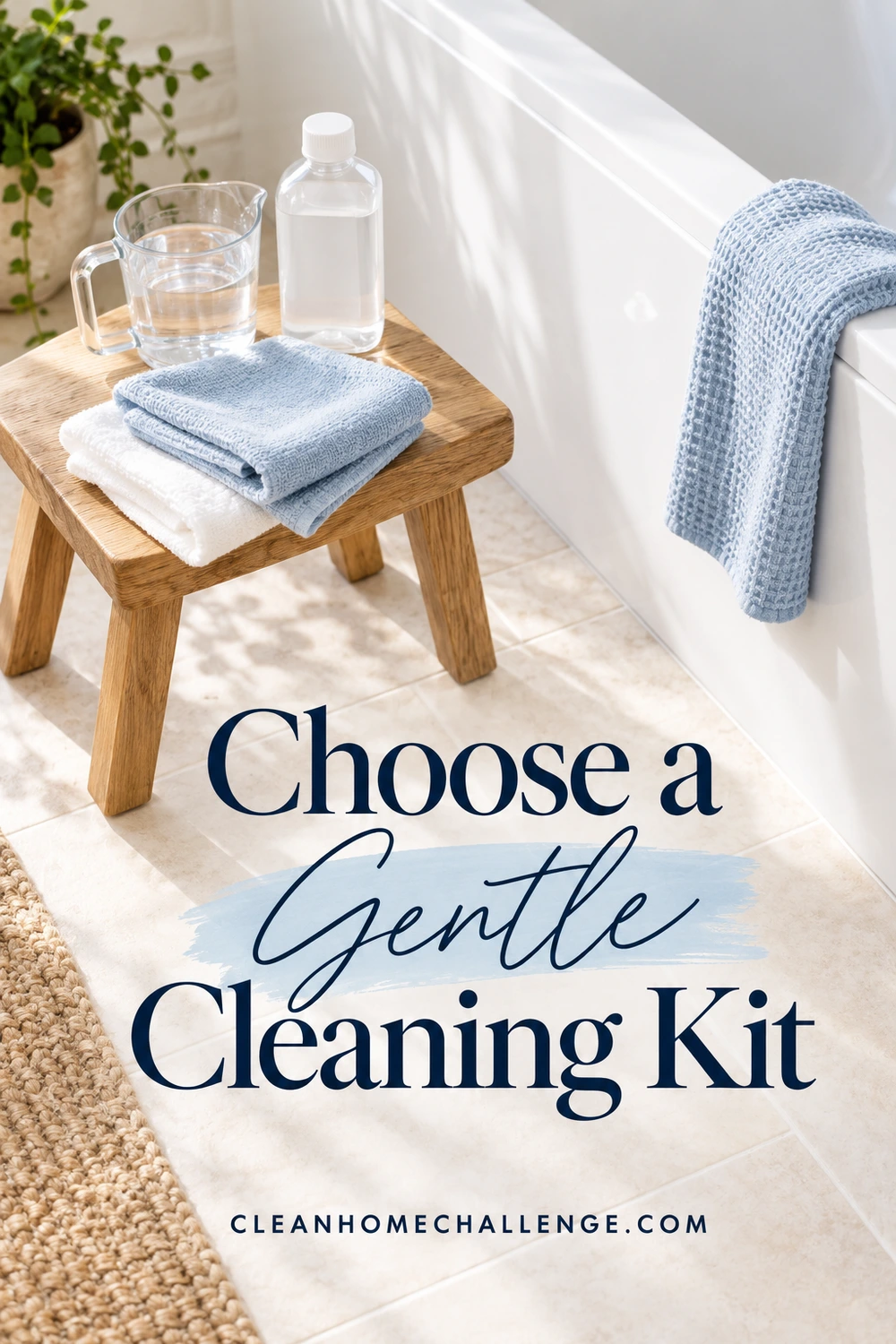 Soft blue and white cloths sit with a small water container beside the bathtub apron.