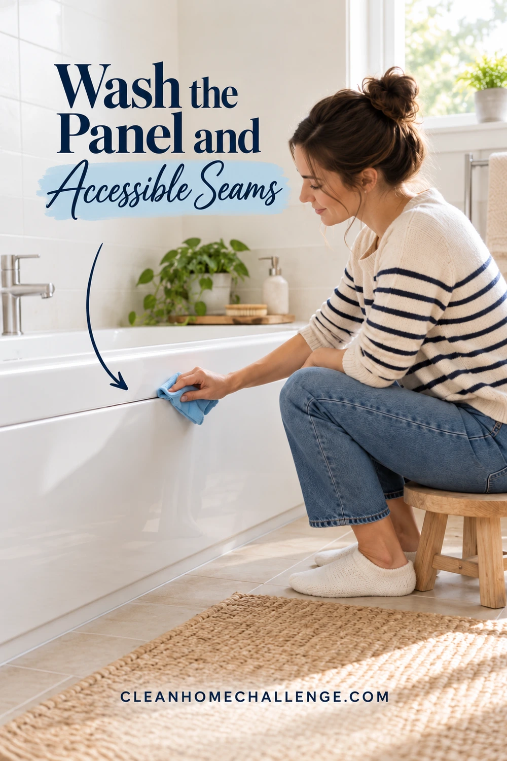 A woman gently wipes the fitted white bathtub panel with a soft cloth.