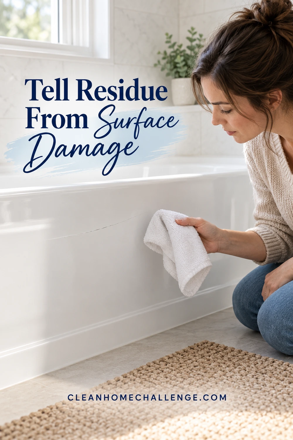 A person inspects a dry mark on a white bathtub panel in side light.
