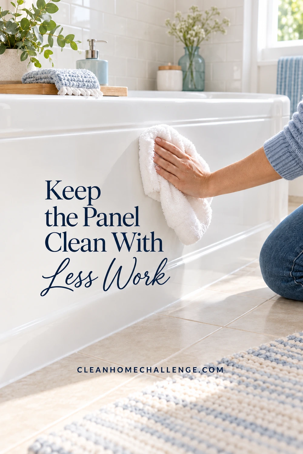 A hand dries the outside of a white tub panel with a soft towel.