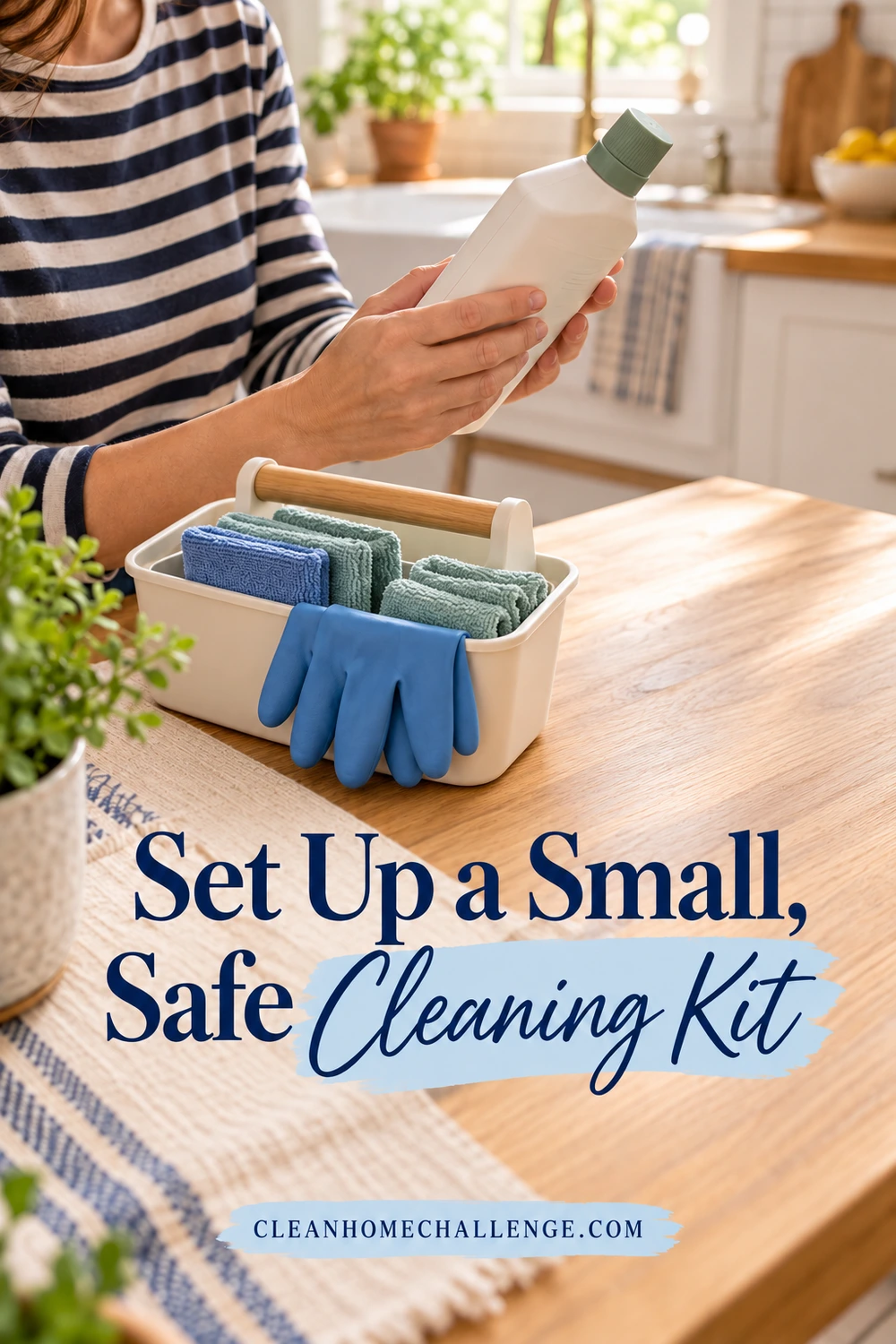 An adult holds a closed cleaning bottle beside a small caddy containing blue and green cloths and blue gloves on a kitchen table.
