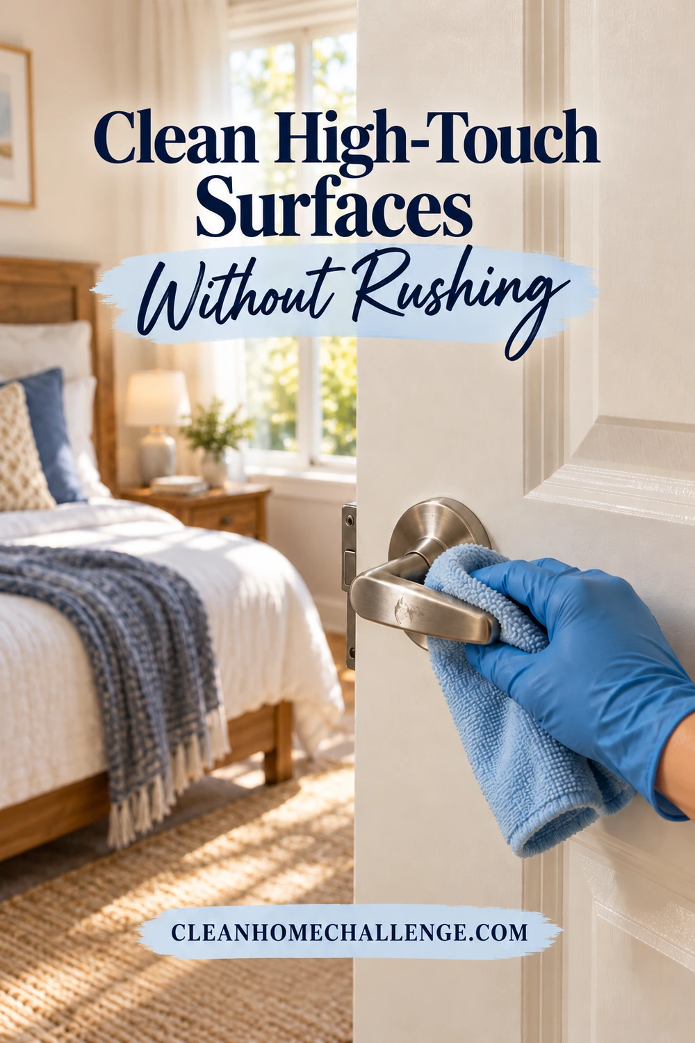 A blue-gloved hand wipes a metal lever door handle with a blue microfiber cloth, with a bed visible through the doorway.