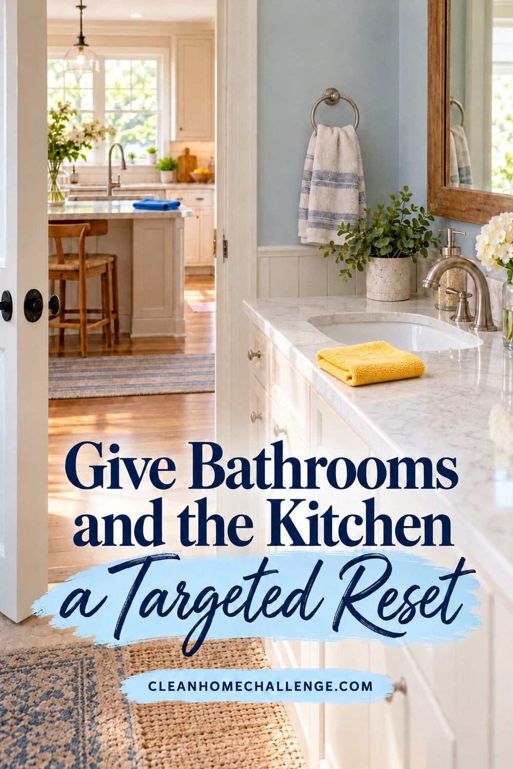 A folded yellow cloth sits on a bathroom counter, while a separate blue cloth rests on the kitchen counter visible through the open doorway.