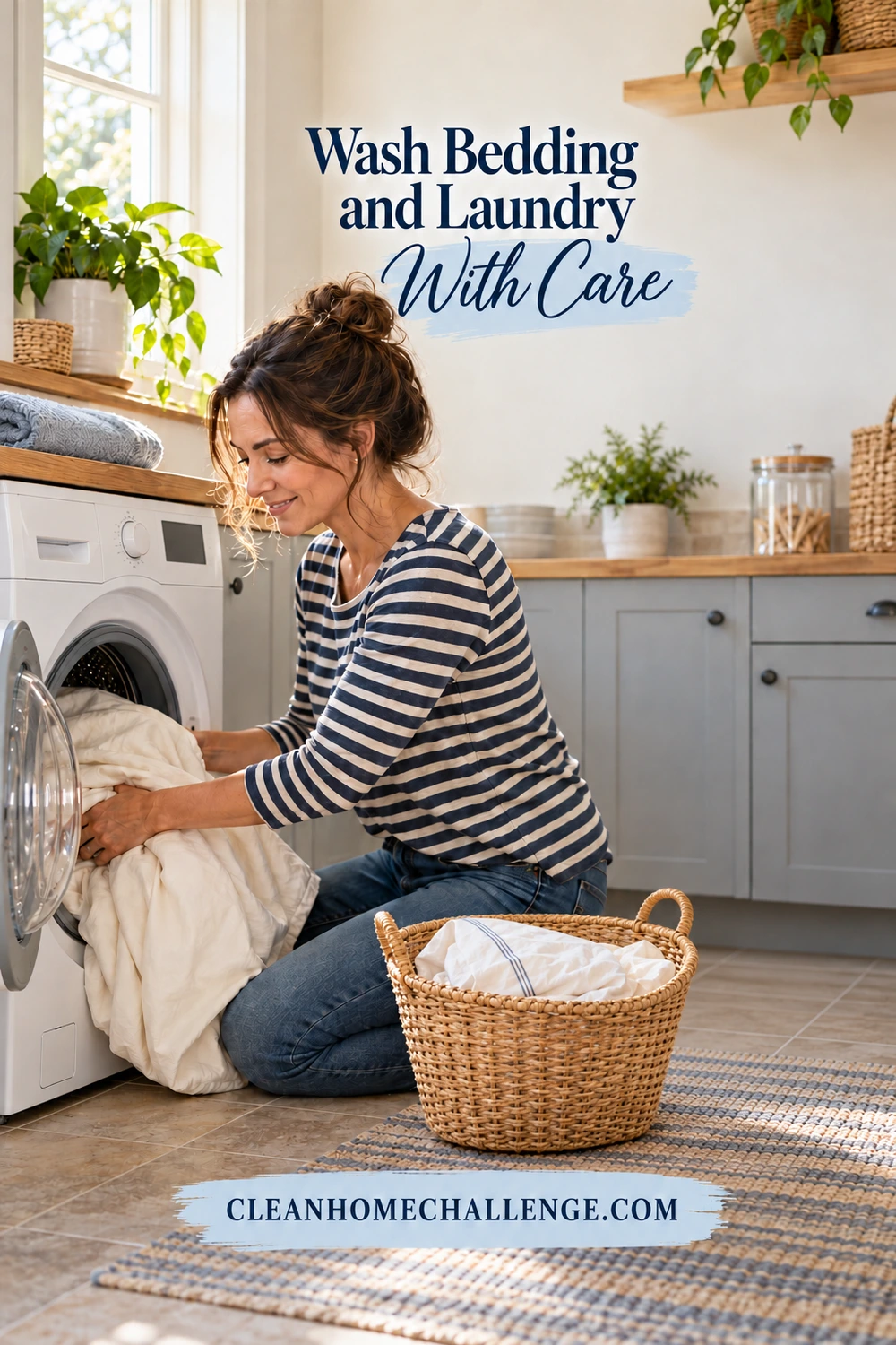 A woman gently loads cream bedding into a front-loading washing machine beside a wicker basket of sheets.