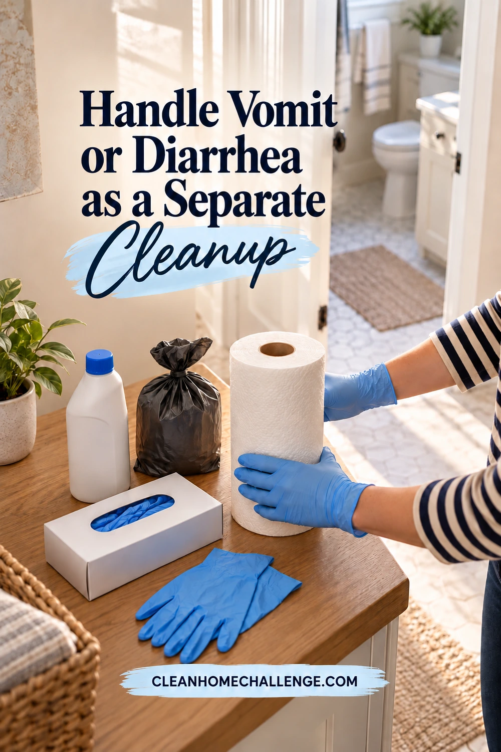 Blue-gloved hands set out a paper-towel roll beside a closed bottle, tied waste bag and disposable gloves near an empty bathroom.