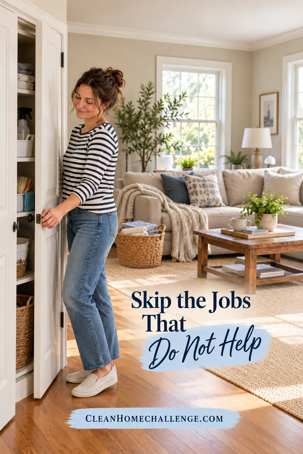 A woman closes a cleaning cupboard beside a comfortable living room with a sofa, coffee table and basket of folded towels.