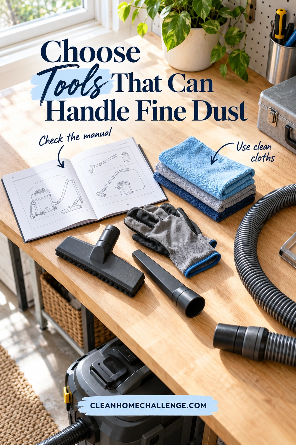 An overhead view of a workbench holds an illustrated equipment manual, folded cloths, gloves, two vacuum attachments, and a hose, with a closed machine below.