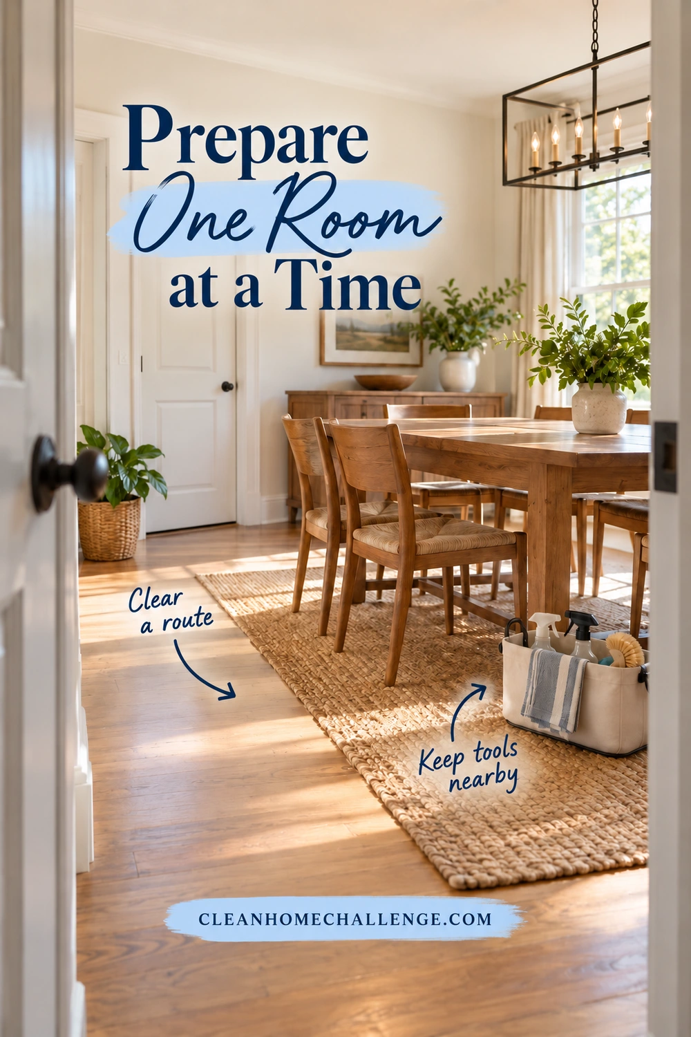 A doorway opens onto a dining room with a clear path around a wooden table and a cleaning caddy set beside a chair.