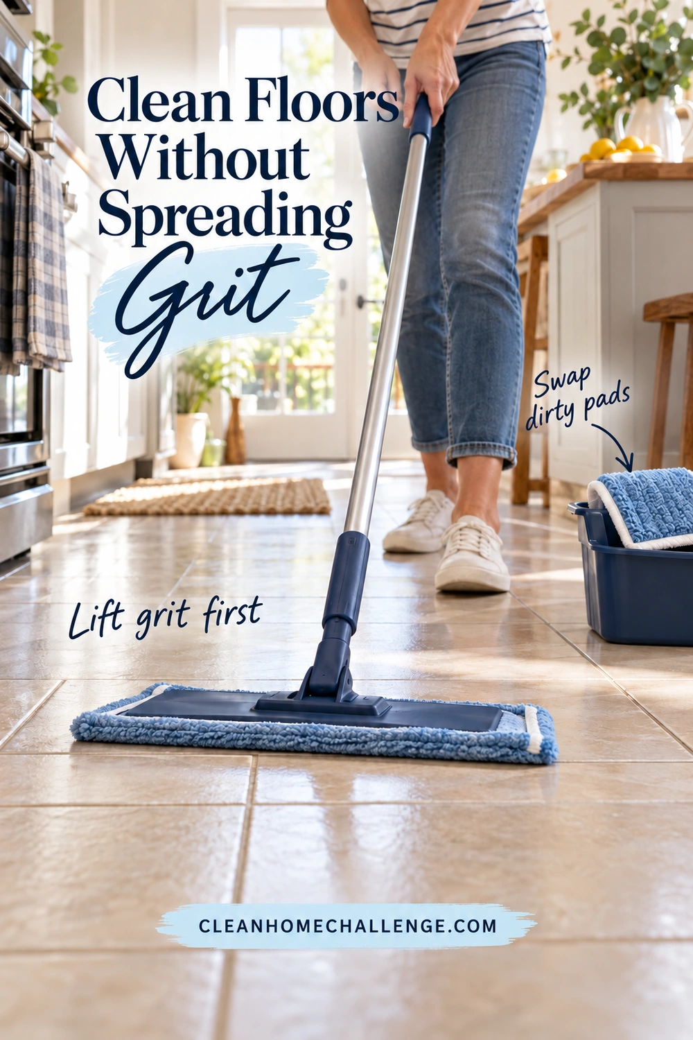 A person uses a blue microfiber flat mop on a tiled kitchen floor beside a caddy holding a spare pad.