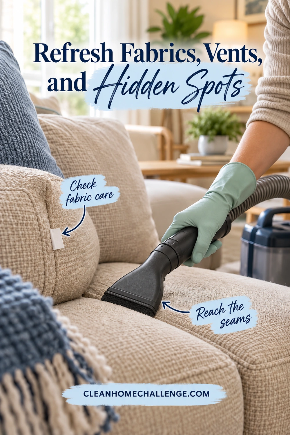 A gloved hand guides a black dry vacuum upholstery nozzle along a beige sofa seam beside a visible care tag.