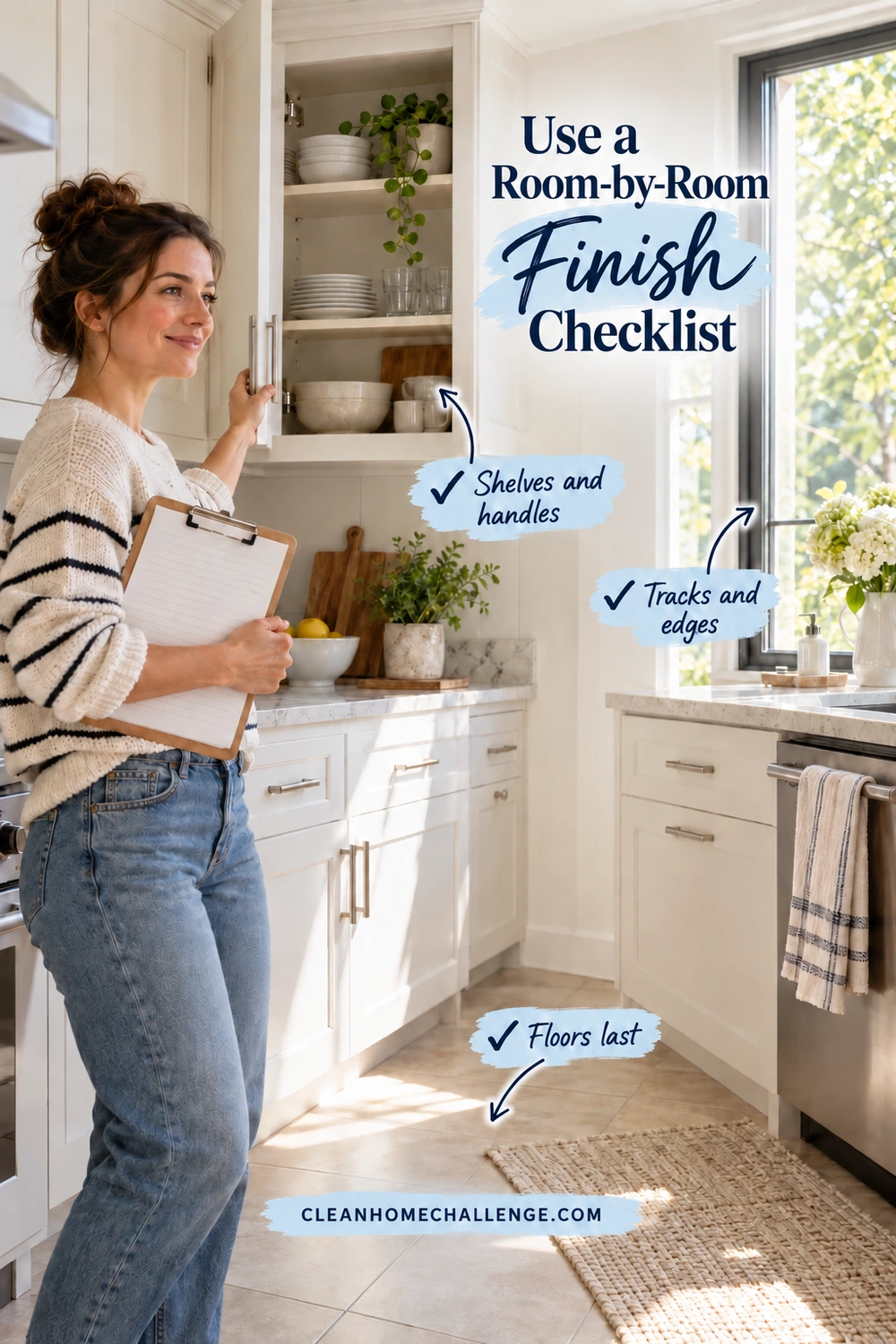 A woman holds a clipboard in a kitchen while standing beside an open cabinet, window frame, and clear tiled floor.